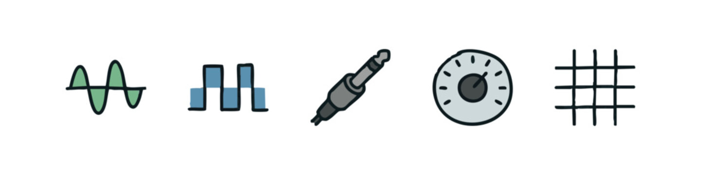 Audio and Measurement Icons: Waveform, Square Waves, Jack Plug, Gauge, Grid