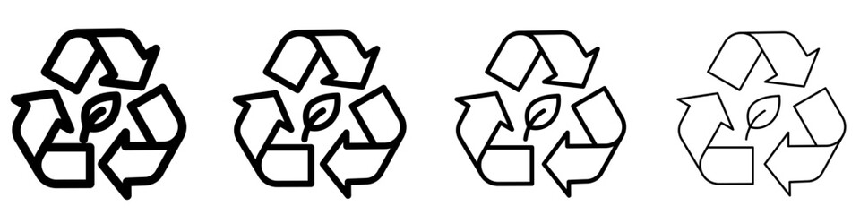 Naklejka premium Set of linear recycling symbol icons with a leaf in the center. Minimalist signs for eco-friendly disposal and environmental protection. Vector illustration.