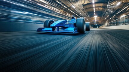 Fototapeta premium Blue Formula race car speeding on a track at night