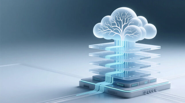 Futuristic Cloud Neural Network processing system, showcasing layered AI architecture, machine learning capabilities and data infrastructure for SaaS platforms