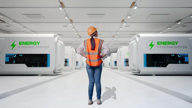 Full Body Back View Of A Female Engineer Wearing Safety Helmet Looking Around While Standing With Arms Akimbo at Modular Energy Storage Systems in a Clean Modern Data Center