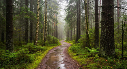Fototapeta premium Rainy Forest Path – Tranquil Journey. path in the forest, rainy, forest, path, trees, solitude, nature, 8k, tree, mist, sun, woods, landscape