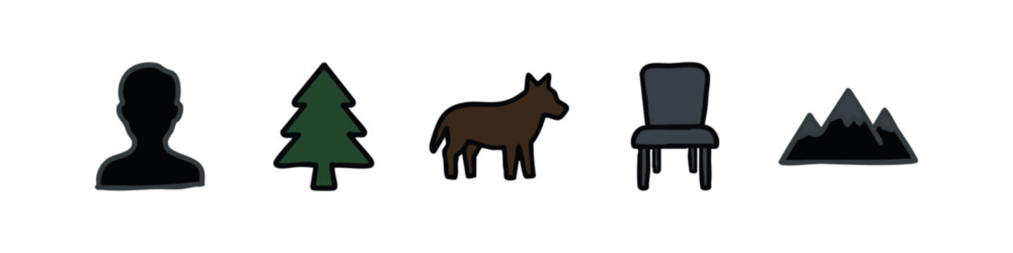 Color icons: silhouette head, green tree, brown donkey, grey chair, dark mountains