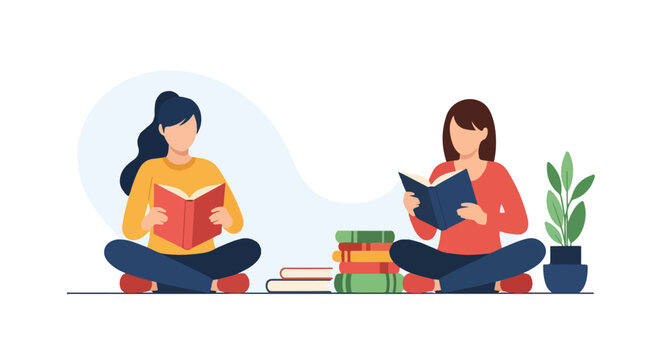 Two young women are sitting on the floor and reading books together, with a stack of books and a small potted plant in the background.