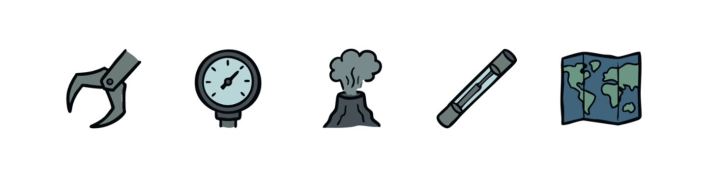 Tools and map icons: claw, pressure gauge, volcano, fuse, map
