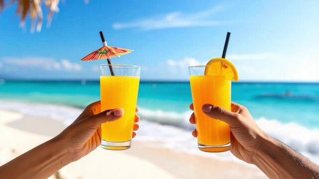 Hands holding refreshing tropical drinks on a beautiful sunny beach