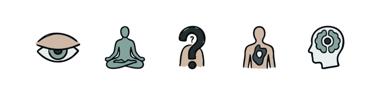 Mindfulness and Mental Health Icons - Meditation, Eye, Question, Soul and Head with Gears