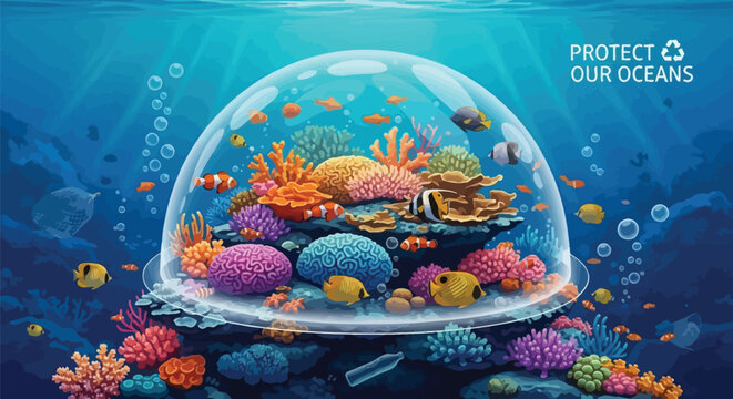 Vibrant tropical fish and colorful coral reefs thrive inside a protective glass dome submerged deep within the vast blue ocean