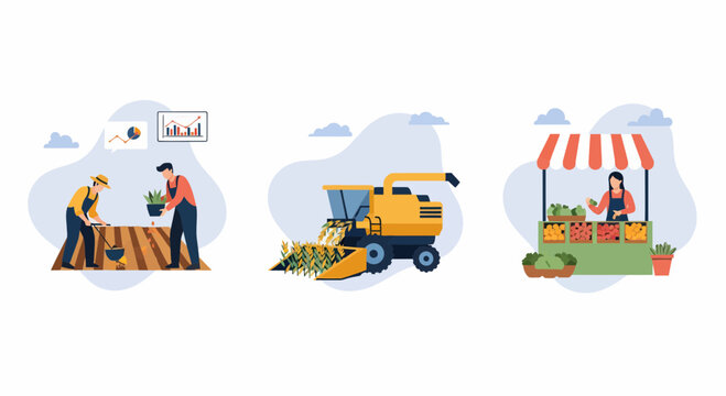 A farm food cycle map to plant grow reap and sell crop in a market
