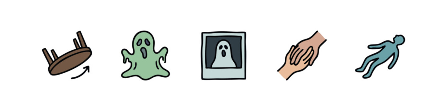 Ghost and paranormal icons: overturned table, ghost, photo, hands, body