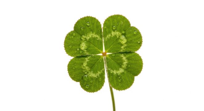 Fresh Green Clover Leaf Zesty Four Leaf Shape with Dew Drops