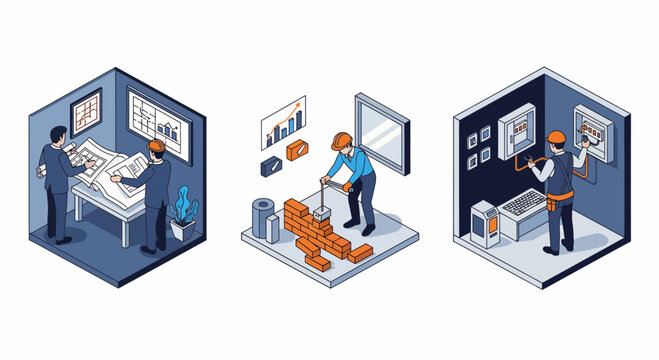 Professional construction engineering and building infrastructure project with architects workers bricklayers electricians planning and management