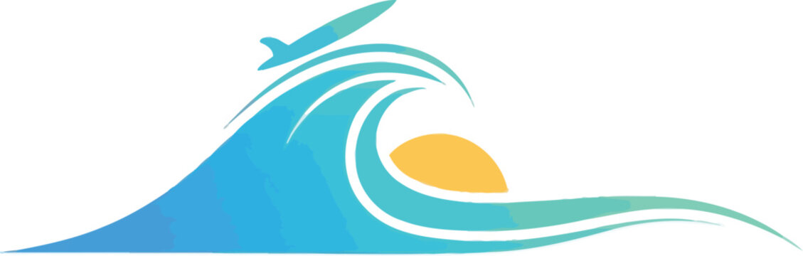 Vibrant blue and teal ocean wave logo with a surfboard and a yellow sun ideal for summer, beach, and surf themes.