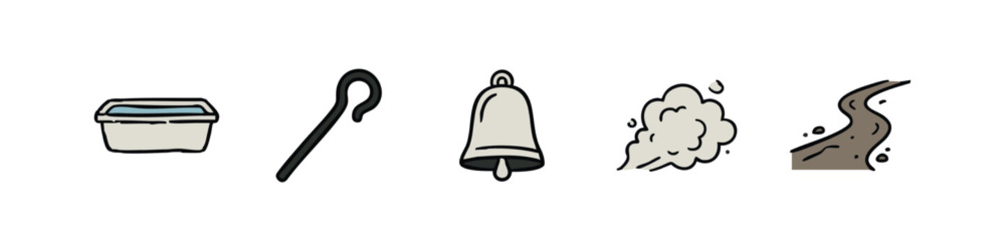Shepherd and Rural Life Icon Set with Bell Trough and Dirt Road