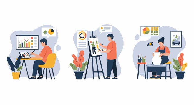 Art Lab Web Job Men And Girl Work At Desk Draw Pot Clay Daily Life
