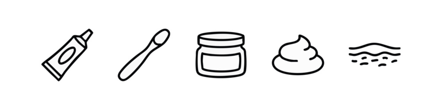 Outline Icons: Toothpaste Tube, Spoon, Jar, Cream Swirl, and Skin Layers