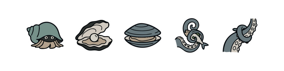 Seashell and marine life icons: hermit crab, oyster, clam, octopus tentacles © liubomir118809