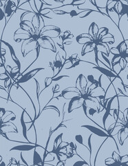 Seamless blue lily floral pattern. Hand drawn vintage navy botanical line art background. Elegant monochrome textile design. © RDYD Studio
