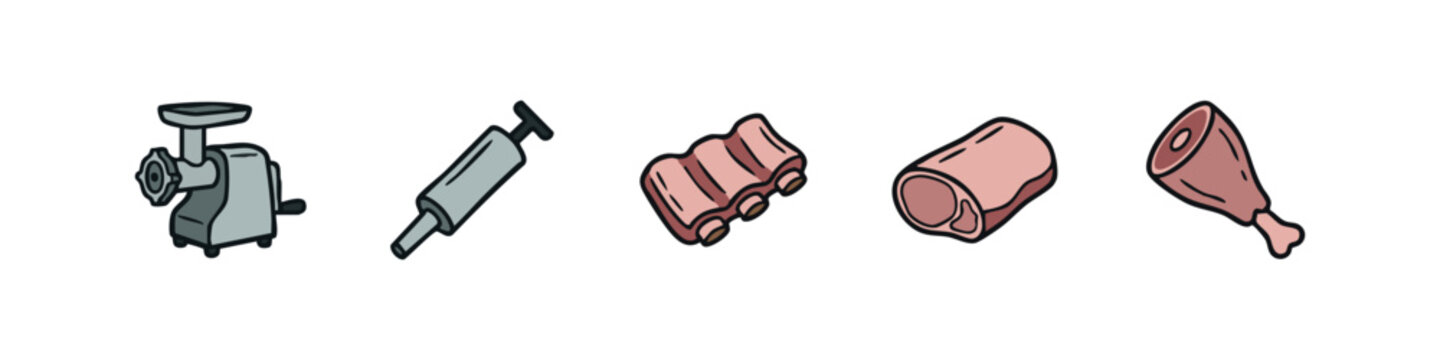 Meat processing icons: grinder, injector, ribs, ham
