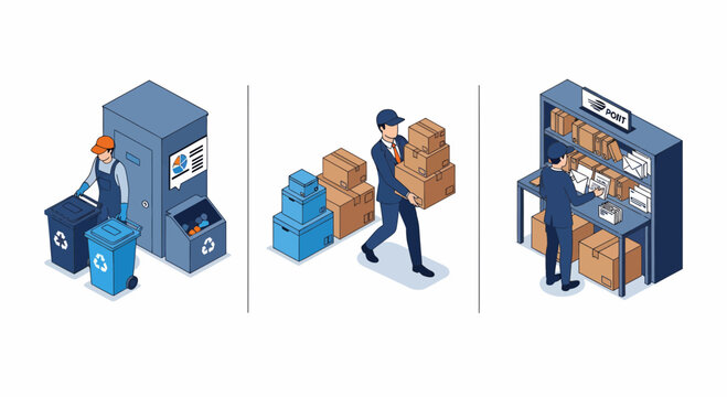 Set of man in trash and post and mail and box for city work job now