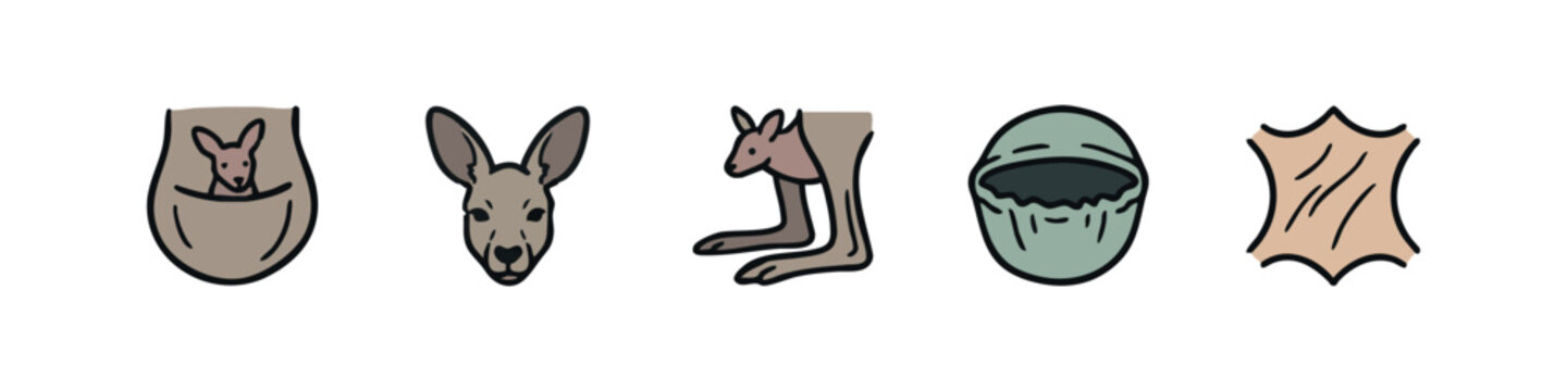 Kangaroo icons: joey in pouch, head, legs, ears, skin