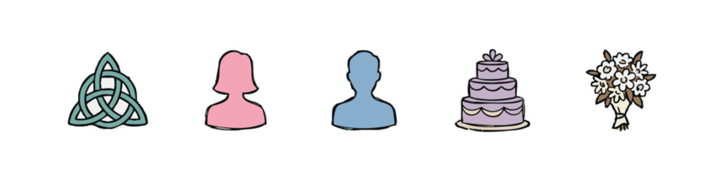 Wedding icons: trinity knot, couple silhouettes, wedding cake, bouquet