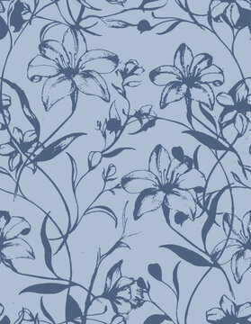 Seamless blue lily floral pattern. Hand drawn vintage navy botanical line art background. Elegant monochrome textile design.