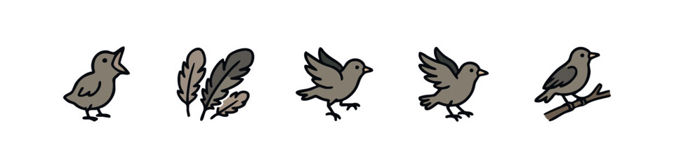 Fototapeta premium Cute bird icons: chick, feathers, flying, perched on branch