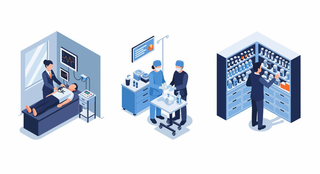 Medical healthcare professionals like doctor surgeon and pharmacist working together in hospital clinic to treat sick patient