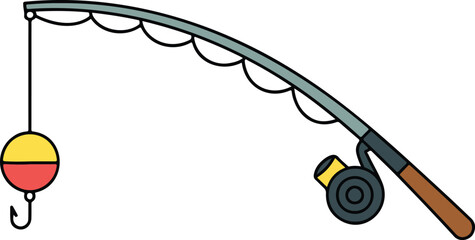 Bent fishing rod with bobber flat vector illustration minimalist fishing gear icon design curved line concept isolated on white background © MD