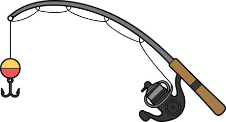 Bent fishing rod with bobber flat vector illustration minimalist fishing gear icon design curved line concept isolated on white background © MD