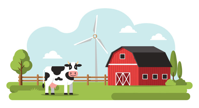 Black and white spotted cow stands in a green pasture in front of a classic red barn and a modern white windmill.