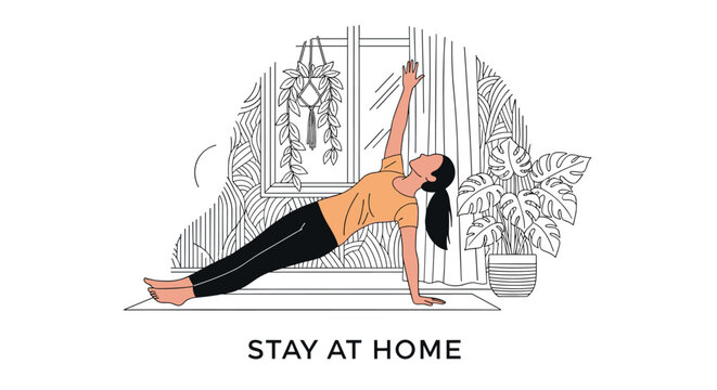 Young woman practices a side plank yoga pose in her home living room during a stay at home wellness session for fitness.