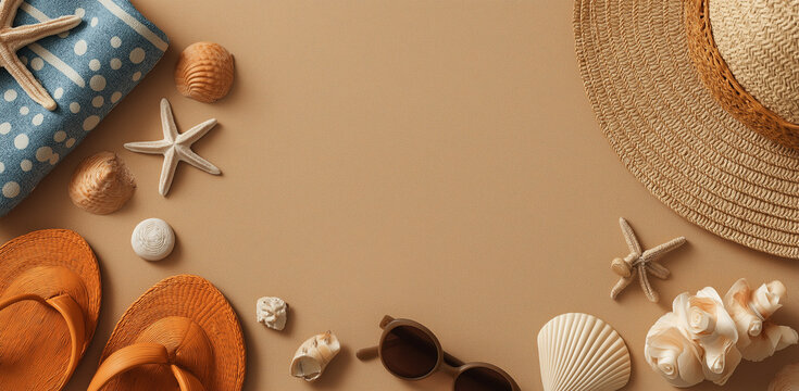 summer background with beach cute and unique accessories on greay sand, with space for text. top view of a tropical holiday banner design. summer vacation concept