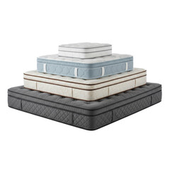 Obraz premium Vertical stack of four mattresses of varying sizes and quilted patterns in a neat stair-step arrangement, showcased on a transparent studio background luxury comfort