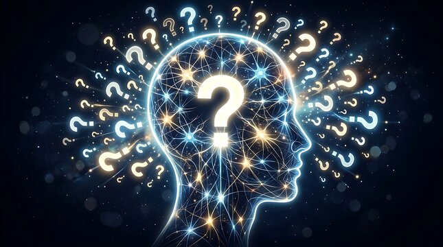 Abstract Human Head Silhouette with Glowing Neural Network and Question Marks