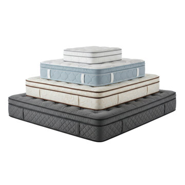 Vertical stack of four mattresses of varying sizes and quilted patterns in a neat stair-step arrangement, showcased on a transparent studio background luxury comfort