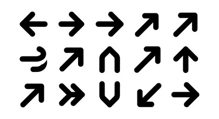 Fototapeta premium Minimalist black arrow icons set, 15 bold directional vector symbols, modern navigation pointers for web interface and app design