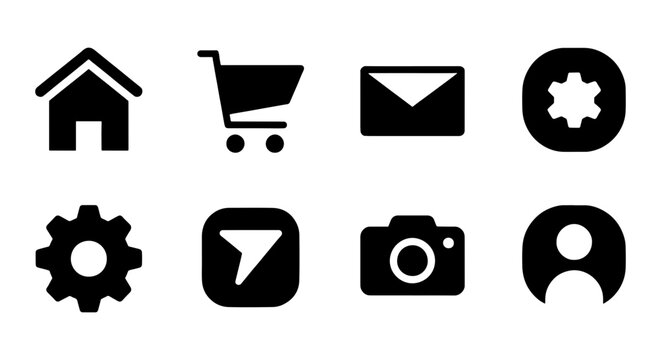 Minimalist black web icons set, 8 flat vector interface symbols, modern mobile app navigation elements for digital design and UI UX projects