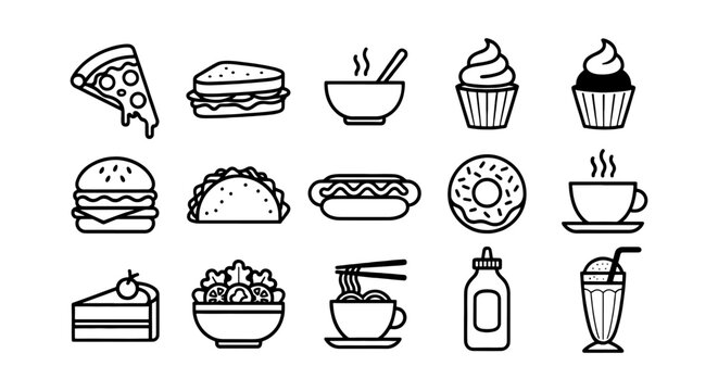 Minimalist fast food icon set, 15 black line vector elements, restaurant menu symbols including pizza burger and coffee, simple food illustrations