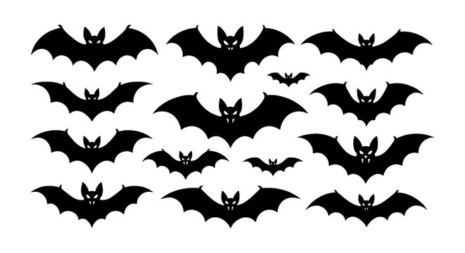Halloween bat silhouettes collection, black flying bats vector set, spooky vampire bat icons for holiday decor, 14 gothic animal elements on white