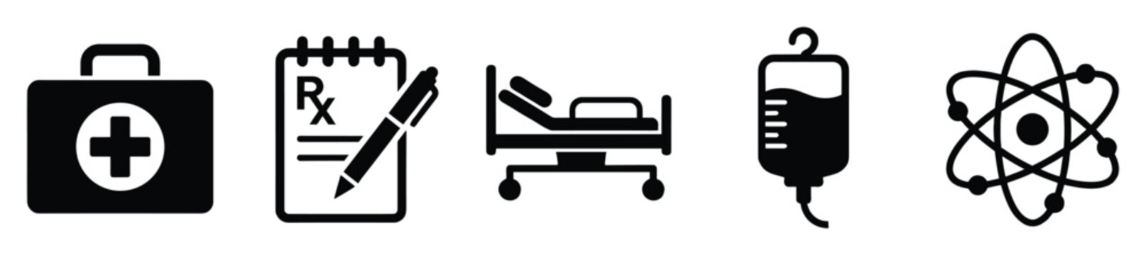 Medical healthcare and science icons first aid kit prescription hospital bed IV bag atom symbol for educational content and healthcare industry media applications