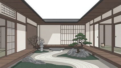 Fototapeta premium A serene Japanese style garden with a bonsai tree and winding stone path in a tranquil courtyard setting with traditional architecture.