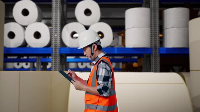 Side View of Asian Male Engineer Taking Note on Tablet While Walking at Warehouse with Rows of Stacked White Polymer and Paper Rolls