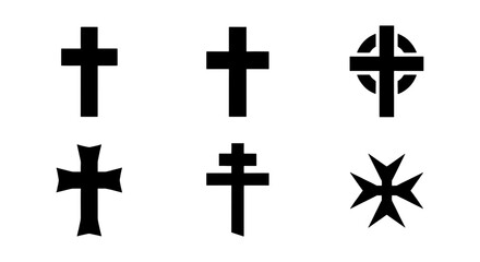 Fototapeta premium Religious Christian cross icons set, black silhouette crucifix symbols collection, 6 vector elements for church and faith branding