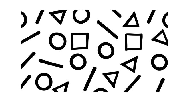 Hand-drawn geometric pattern with black shapes, minimalist Memphis style background vector, seamless doodle texture with circles and triangles
