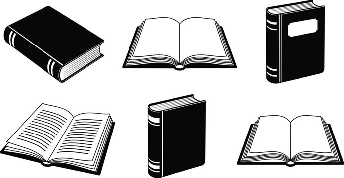 Set of black and white book icons featuring open and closed hardcover textbooks for education literature library research and school study graphic design elements