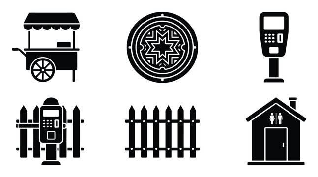 Food cart, manhole cover, parking meter, fence, public restroom glyph icons, depicting essential urban and public space, perfect for graphic design and mapping applications.