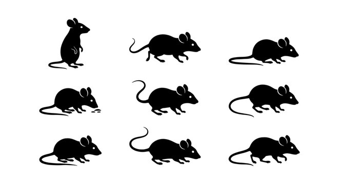 Black mouse silhouette collection, set of 9 rodent icons in various poses, minimalist rat vector graphics for pest control and wildlife design