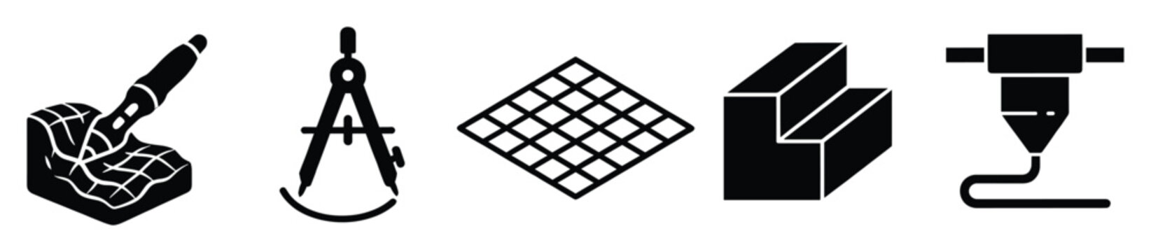 Collection of engineering and architectural design tools with manufacturing technology symbols for digital drafting and industrial innovation concepts